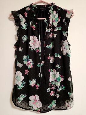 Tamara H. Fairycore Sheer Floral Blouse Boho Romantic Ruffle Flutter Sleeve EUC